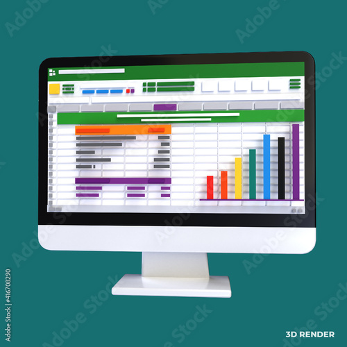 Spreadsheet on Computer screen 3d render icon. Financial accounting report concept. office things for planning, accounting, analysis, audit, project management, marketing, research data illustration