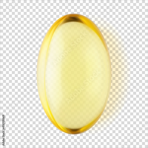 Transparent yellow capsule Vitamin E pill isolated 3d realistic vector illustration. Omega 3 close-up. Healthcare concept. Pharmaceutical medicine.  Supplements pill, nutrients and probiotics