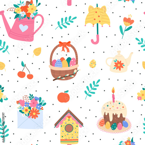 Vector Seamless Pattern with Cute Hand Drawn Spring Elements. Ornament with Garden Tools, Decorative Easter Objects in Flat style. Illustration for Print, Design, Wrapping Paper, Wallpaper,Textile.