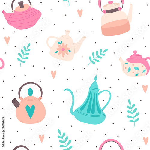 Vector Seamless Pattern with Cute Teapot and Kettle.Ceremony Flat Tools for Brewing,Cooking Drink.Ornament of Hand Drawn Kitchen Appliance,Utensils for Print,Design,Wrapping Paper,Wallpaper,Textile.