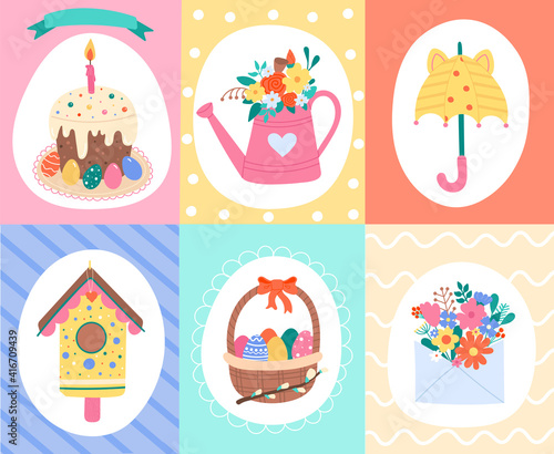 Vector Set of Colorful Spring Greeting Cards with Cute Easter and Garden Elements.Hand Drawn Collection of Flat Illustration for Design,Web,Graphic.Isolated on white background.