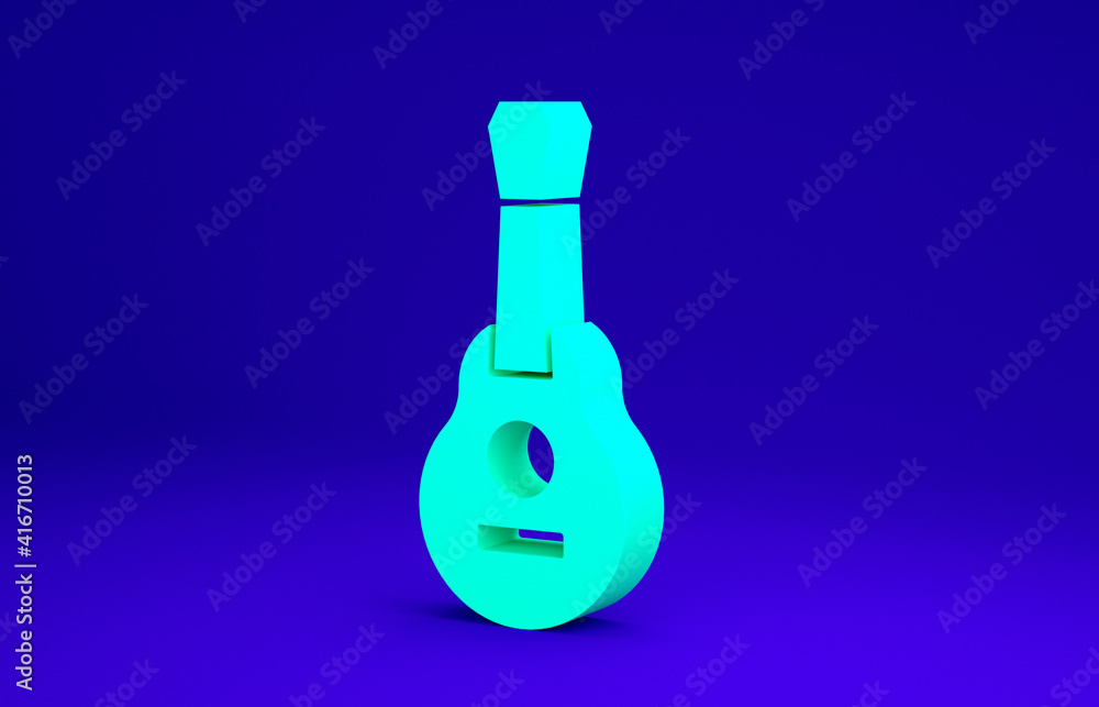 Green Mexican guitar icon isolated on blue background. Acoustic guitar. String musical instrument. Minimalism concept. 3d illustration 3D render.