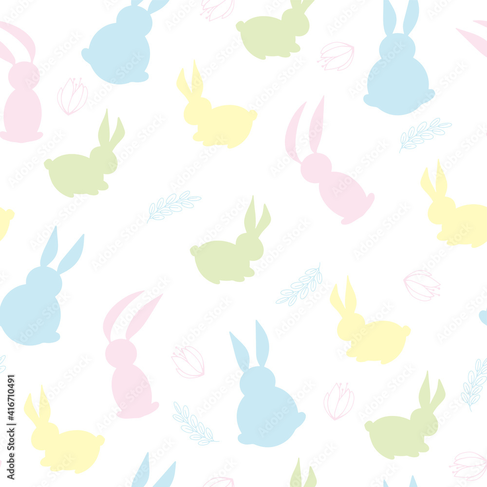 Seamless Easter background with decorative eggs and cute rabbits