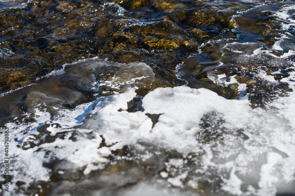 Close up frozen water stream at winter