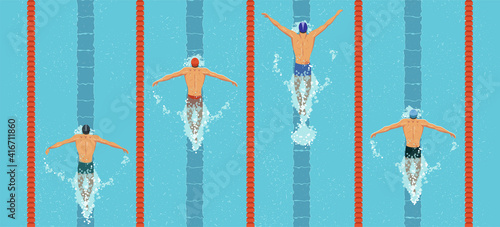 Swimmers top view. men swim butterfly style in the swimming pool. Sports competition. View from above. Vector flat design illustration.
