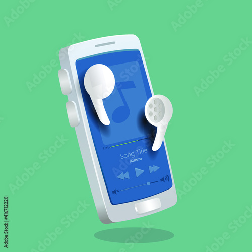 smartphone mobile music player application with wireless earphone. 3d vector illustration
