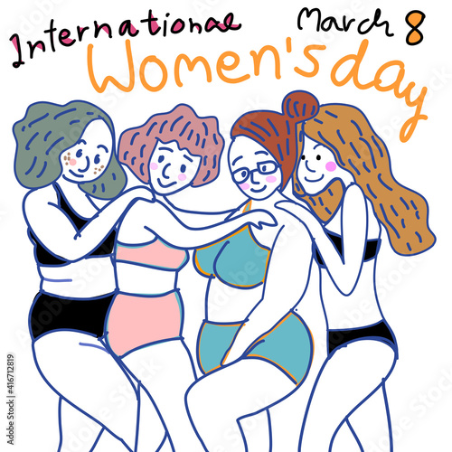 happy international women s day card  poster with drawing of 4 women  in swimming wear bikini posing in cute way  hand drawn cartoon vector 