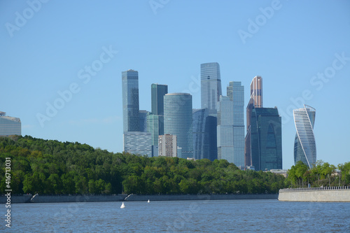 MOSCOW, RUSSIA - MAY 9 , 2018: View to Moscow City skyscrapers from observation deck in Vorobyovy Gory park photo