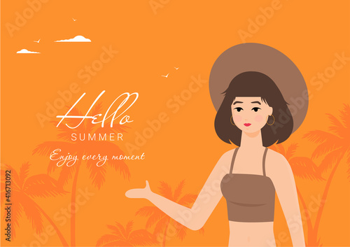 Summer holidays vector illustration with girl,flat design beach
