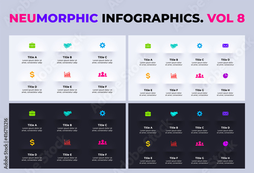 Neumorphic Vector Infographic. Presentation slide template. 6, 8 steps. Light and dark. Neumorphism ui design. Clean minimal flat style. 