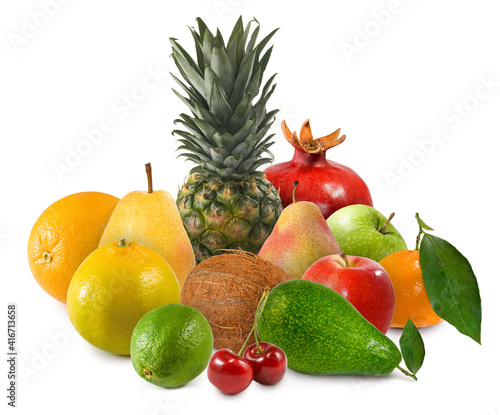 image of various ripe fruits on white background
