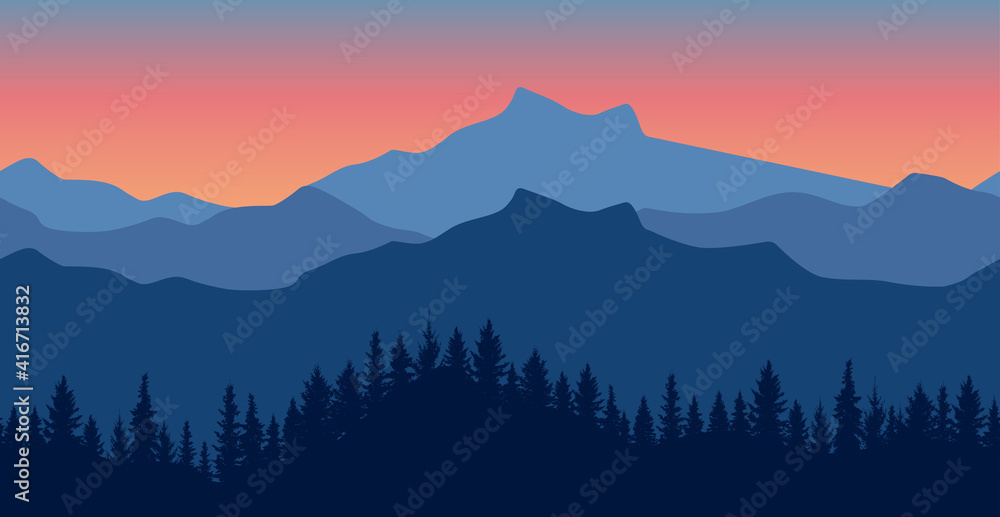 Seamless wallpaper of beautiful nature. Silhouette of dark blue forest on background of mountains Vector illustration.