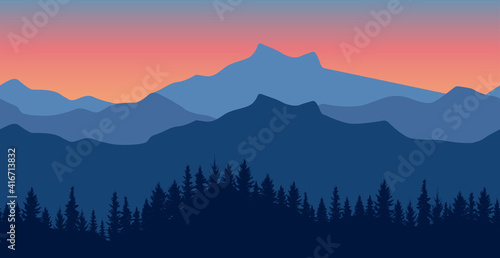 Seamless wallpaper of beautiful nature. Silhouette of dark blue forest on background of mountains Vector illustration. © nosyrevy