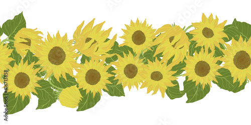 Fototapeta Naklejka Na Ścianę i Meble -  Horizontal seamless border with yellow sunflowers and green leaves. Vector cartoons illustration in flat design.