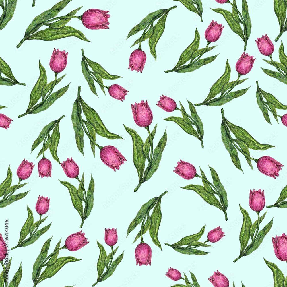 Seamless pattern. Pink tulips on a blue background. Painting with watercolors and ink. Illustration for the decor and design of posters, postcards, prints, stickers, invitations, textiles. Seamless pattern. Pink tulips on a blue background. Painting with watercolors and ink. Illustration for the decor and design of posters, postcards, prints, stickers, invitations, textiles.