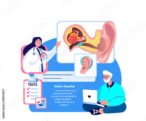 Online Audiologist ENT-Doctor Consultate Old Pensioner Man Patient.Deaf-Aid,Aerophone,Otitic Hearing Aid,Digital Eardrum Treatment.ORL Clinic. Internet Medical Hospital Diagnostics.Vector Illustration photo