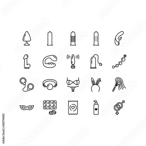 Sex shop line icons set. Adult toys, dildo, bdsm handcuffs, vibrator vector illustrations. Outline pictogram for sexshop, website, flyers and advertising. Editable Strokes