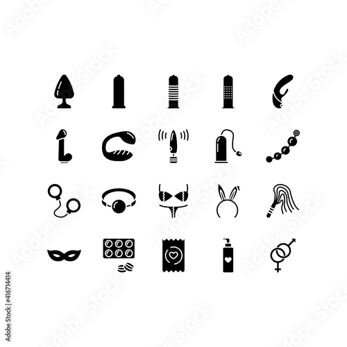 Sex shop line icons set. Adult toys, dildo, bdsm handcuffs, vibrator vector illustrations. Outline pictogram for sexshop, website, flyers and advertising