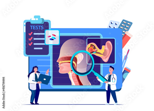 ENT-Doctors Scientists Examine Ear,Nose,Throat.Tonsilis,Sore Throat,Otitis,Larynx,Sinusitis Digital Treatment.Research Trial.Clinical Investigation.ORL Clinic. Medical Council Diagnostics Illustration
