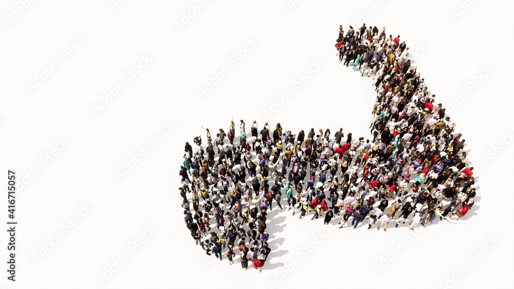 Concept or conceptual large gathering of people forming the image of a healthy and muscular arm. A 3d illustration metaphor for bodybuilding, athlete, fitness, sport, strenght, power, diet or anatomy Concept or conceptual large gathering of people forming the image of a healthy and muscular arm. A 3d illustration metaphor for bodybuilding, athlete, fitness, sport, strenght, power, diet or anatomy