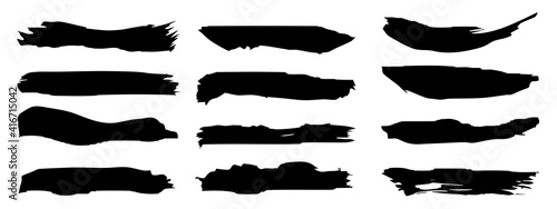 Vector collection of artistic grungy black paint hand made creative brush stroke set isolated on banner background. A group of abstract grunge sketches for design education or graphic art decoration