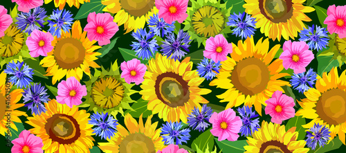 Sunflowers  pink and bluebottles flowers seamless pattern