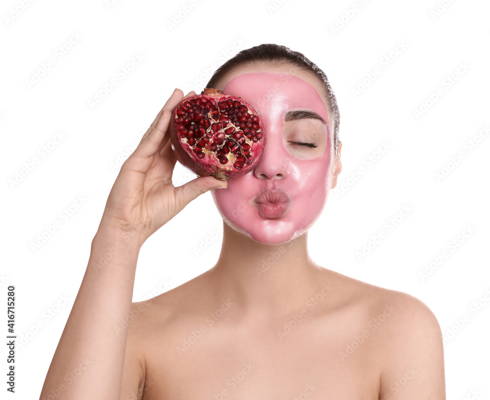 Woman with pomegranate face mask and fresh fruit on white background Woman with pomegranate face mask and fresh fruit on white background