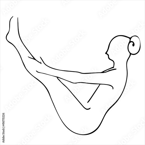 Hand drawn yoga pose Paripurna Navasana. Woman stretching outline. Vector illustration