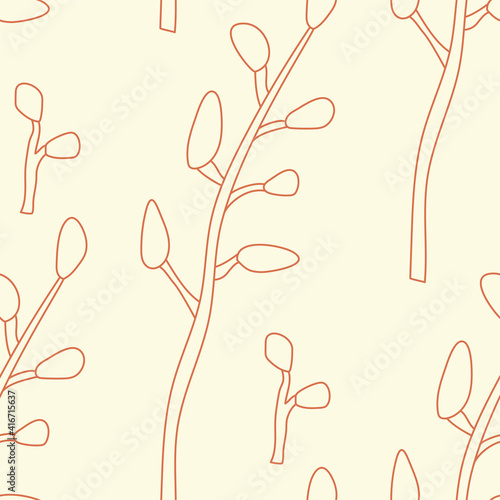 Seamless vector pussy willow pattern. Thin line botanical illustration background. Stylish trendy plant organic nature wallpaper. Tropical pattern