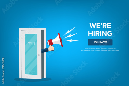 We're hiring design template business banner. Employment recruitment. Businessman holds megaphone in door of office. Open vacancy. Flat style vector illustration