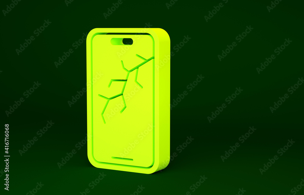 Yellow Smartphone with broken screen icon isolated on green background. Shattered phone screen icon. Minimalism concept. 3d illustration 3D render. Yellow Smartphone with broken screen icon isolated on green background. Shattered phone screen icon. Minimalism concept. 3d illustration 3D render.