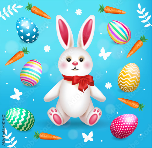 Happy Easter Illustration With Colorful Painted Eggs and Rabbit. Vector illustration for banner or decor.