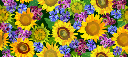 Sunflowers and bluebottles flowers  seamless pattern © Olha