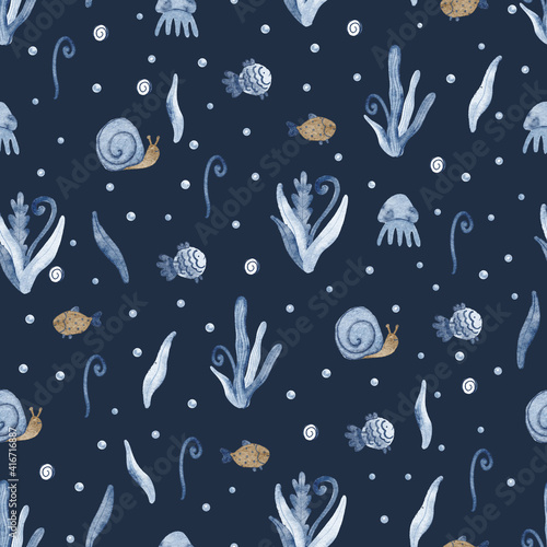Beautiful seamless pattern with seaweed, fish, snails, jellyfish and seashells. Hand painted watercolor illustration on deep blue background. Great for fabrics, wrapping papers, covers