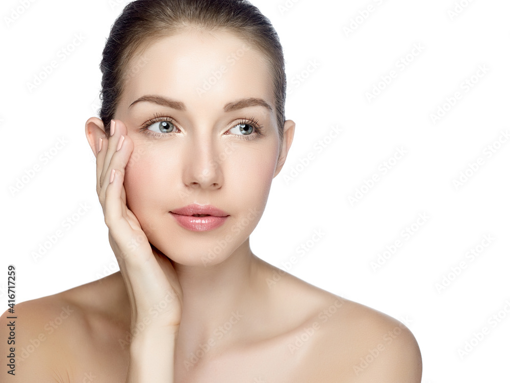 Woman beauty face portrait isolated on white with healthy skin Woman beauty face portrait isolated on white with healthy skin