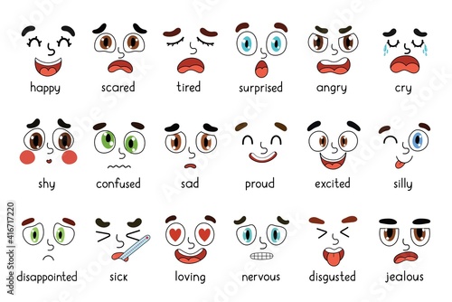 Emotions faces set. Different emotional expressions bundle. Learning feeling poster with eyes and mouths. Vector illustration