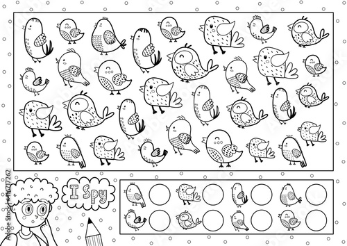 I spy game coloring page for kids. Find and count cute birds. Search the same object black and white puzzle. How many elements are there. Vector illustration