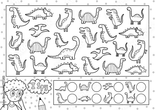 I spy game coloring page for kids. Find and count cute dinosaurs. Search the same object black and white puzzle. How many elements are there. Vector illustration