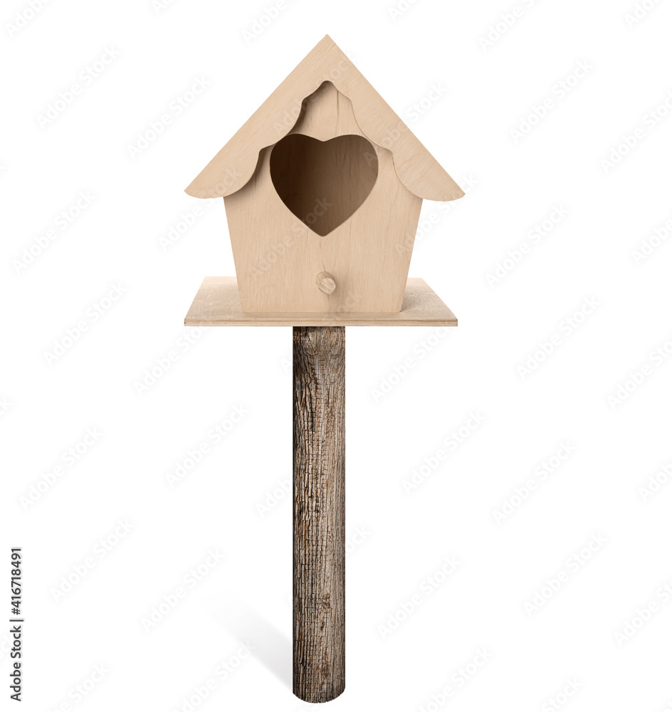 Beautiful wooden bird box isolated on white