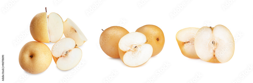 Set with fresh ripe apple pears on white background, banner design Set with fresh ripe apple pears on white background, banner design
