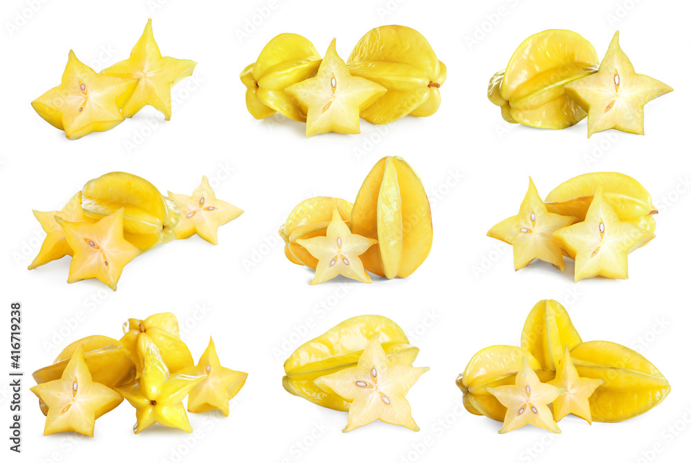 Set with delicious ripe carambola fruits on white background Set with delicious ripe carambola fruits on white background