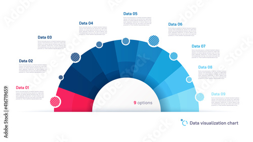 Vector pie chart infographic template in the form of semicircle divided by nine parts