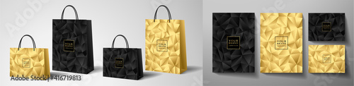 Luxury shopping paper bag design template with gold and black print. Luxe abstract triangle pattern for brand gift packet, premium shop purchase. Vector modern layout