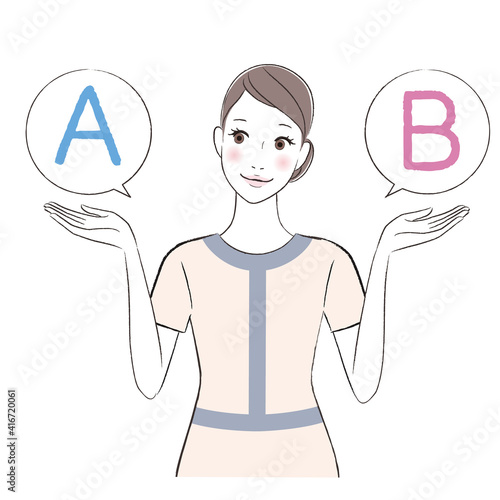 A woman esthetician comparing A with B