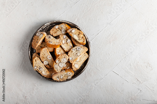 italian cantuccini cookies on concrete table with copy space. Biscotti cookies.