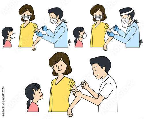 予防接種を受ける母親とその子供