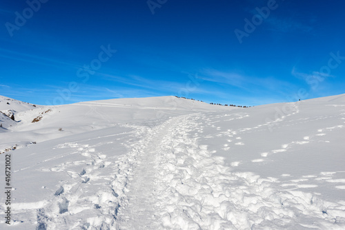 Snowy landscape in winter on the Lessinia Plateau (Altopiano della Lessinia), Regional Natural Park, near Malga San Giorgio, ski resort in Verona province, Veneto, Italy, Europe. © Alberto Masnovo