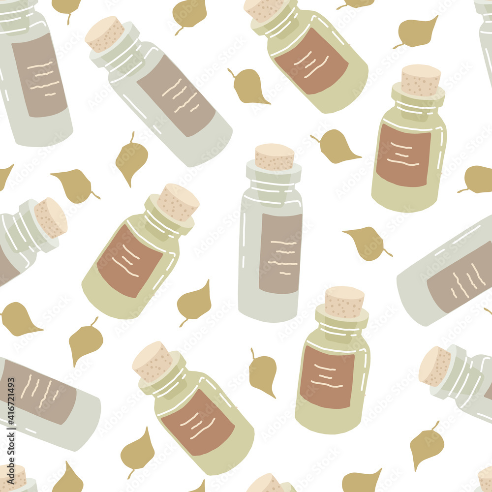 Seamless pattern with glass bottles and green leaves