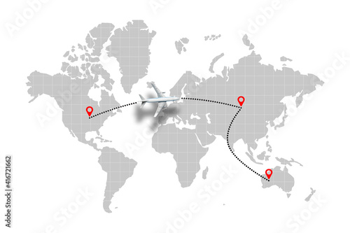 Airplane flight path concept on world map with points