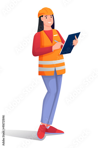 Woman working in building industry, writing on paper with pen. Young happy girl in uniform and safety hat coordinating work vector illustration. Female standing on white background